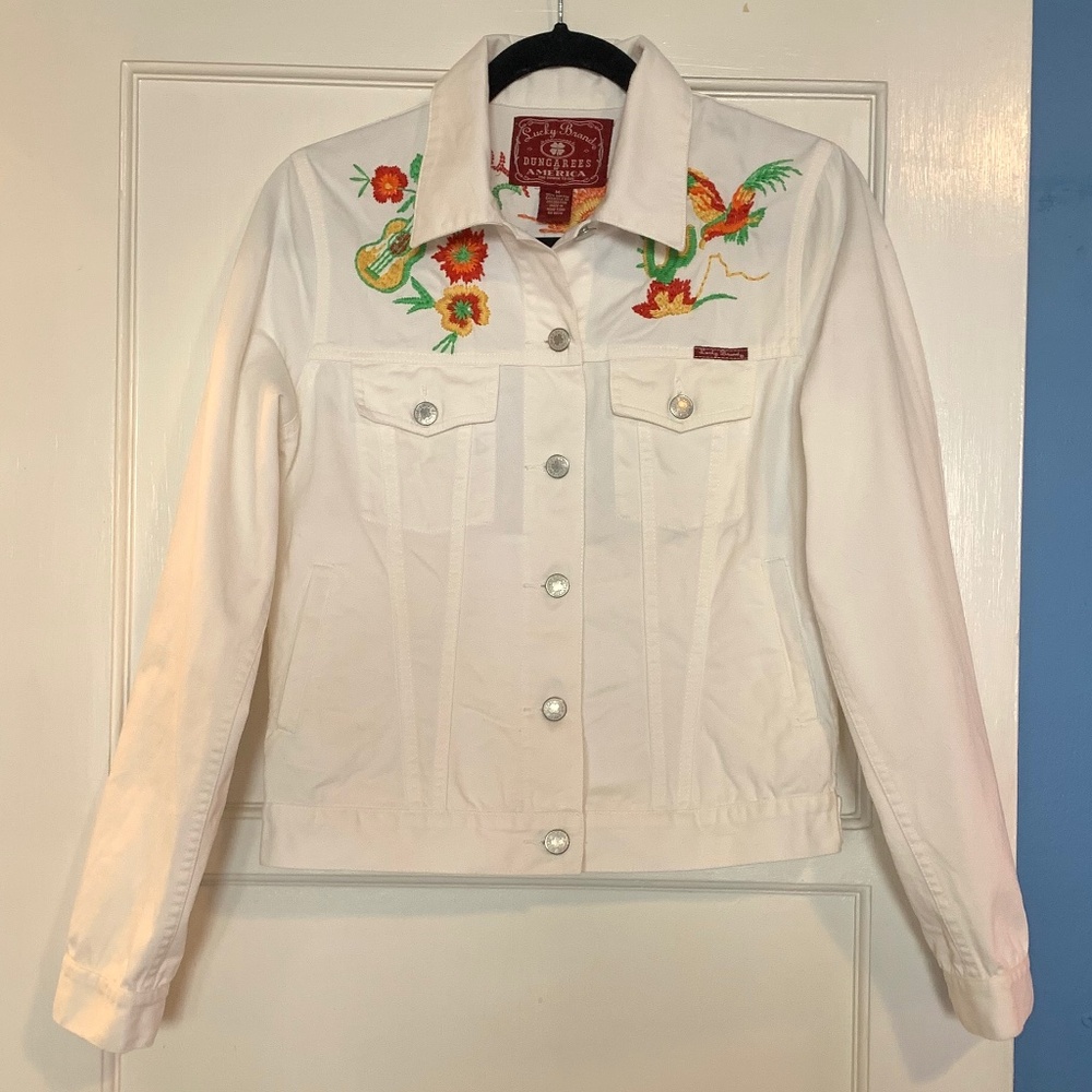 Lucky Brand White Embroidered Denim Jacket